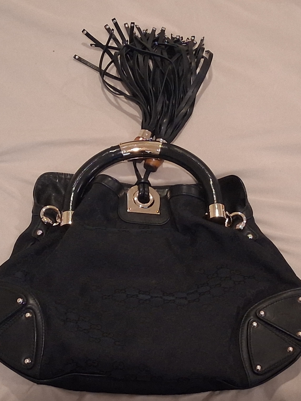 Gucci Black Leather Fringe Satchel with Gold-Tone Handles - Picture 3 of 3